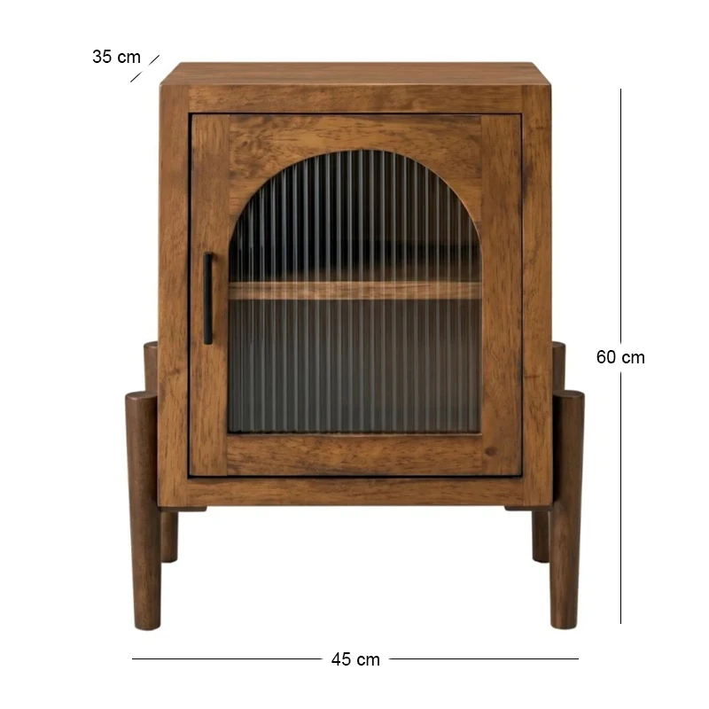 WOODEN RUSTIC BEDSIDE TABLE WITH GLASS IN THE DOOR 45X35X60CM