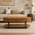 WOODEN COFFEE TABLE IN OVAL SHAPE WITH BLACK METAL LEGS 120Χ50Χ47CM