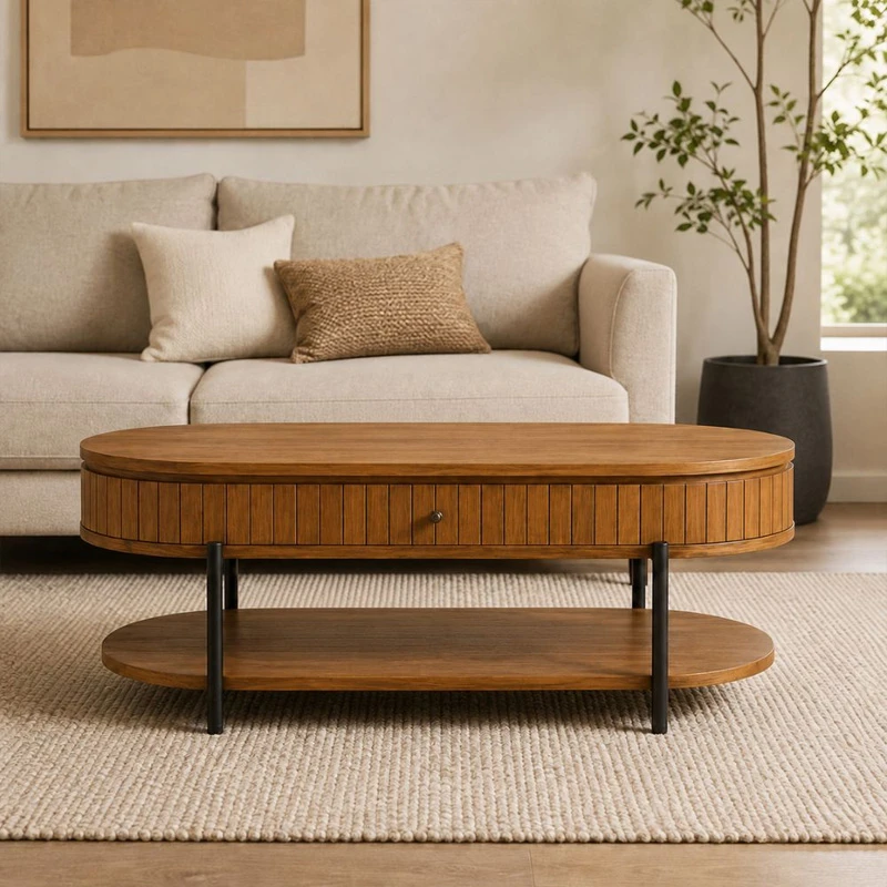 WOODEN COFFEE TABLE IN OVAL SHAPE WITH BLACK METAL LEGS 120Χ50Χ47CM
