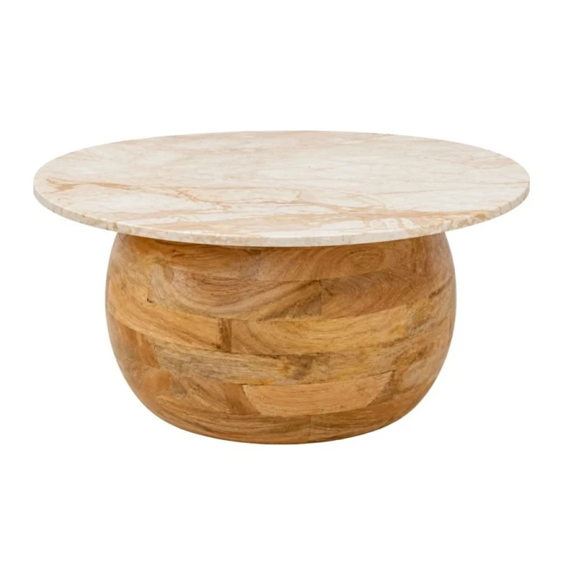 WOODEN ROTTON COFFE TABLE WITH WHITE SURFACE AND MARBLE EFFECT D90X50CM