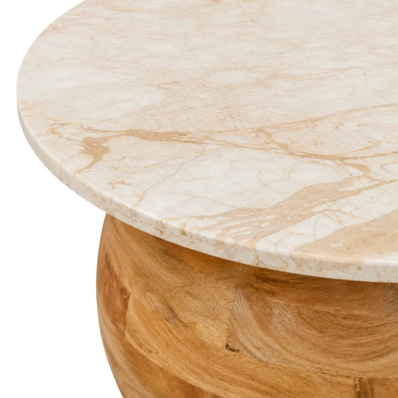 WOODEN ROTTON COFFE TABLE WITH WHITE SURFACE AND MARBLE EFFECT D90X50CM
