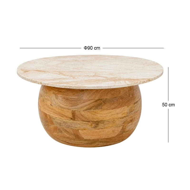 WOODEN ROTTON COFFE TABLE WITH WHITE SURFACE AND MARBLE EFFECT D90X50CM