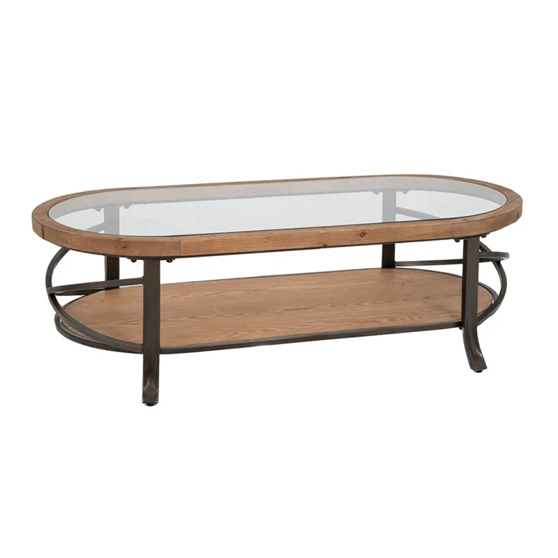 WOODEN COFFEE TABLE WITH GLASS AND GREY METAL FRAME 133X63X41CM