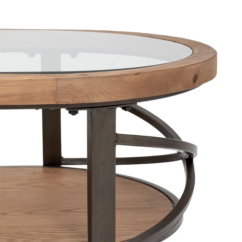 WOODEN COFFEE TABLE WITH GLASS AND GREY METAL FRAME 133X63X41CM