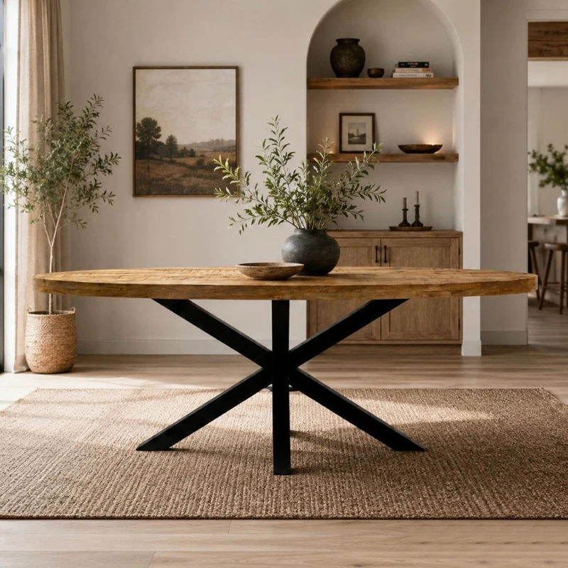 WOODEN ROTTON TABLE WITH BLACK METAL FRAME 220X100X80CM