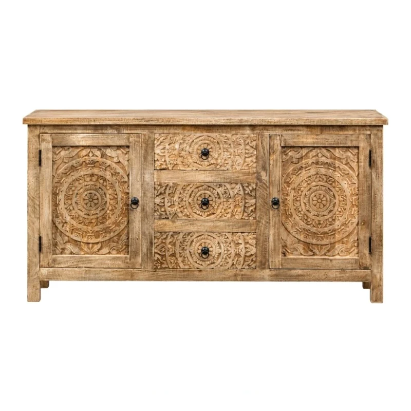 CARVED WOODEN SIDEBOARD IN LIGHT NATURAL COLOR 150X40X75CM