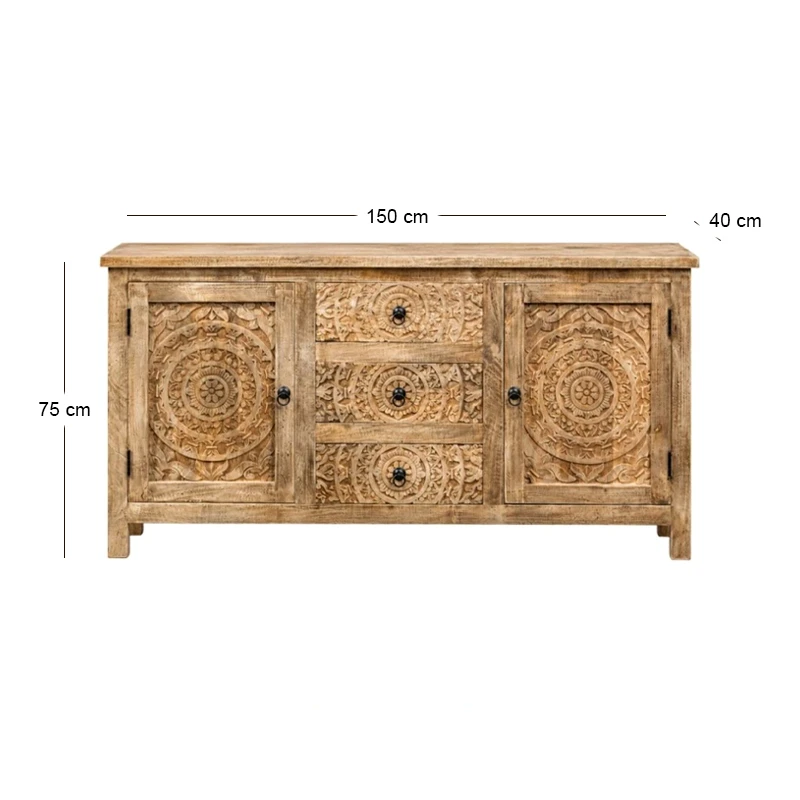 CARVED WOODEN SIDEBOARD IN LIGHT NATURAL COLOR 150X40X75CM