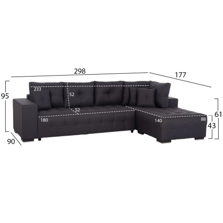 ΓΩΝΙΑΚΟΣ ΚΑΝΑΠΕΣ-ΚΡΕΒΑΤΙ ΜΕ ΑΠΟΘ.ΧΩΡΟ TRENDSTON HM3302.01R ΓΚΡΙ ΥΦΑΣΜΑ 298x177x95Υεκ