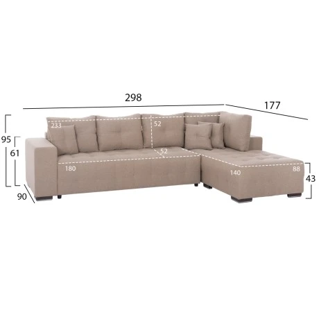 ΓΩΝΙΑΚΟΣ ΚΑΝΑΠΕΣ-ΚΡΕΒΑΤΙ ΜΕ ΑΠΟΘ.ΧΩΡΟ TRENDSTON HM3302.03R ΜΠΕΖ ΥΦΑΣΜΑ 298x177x95Υεκ