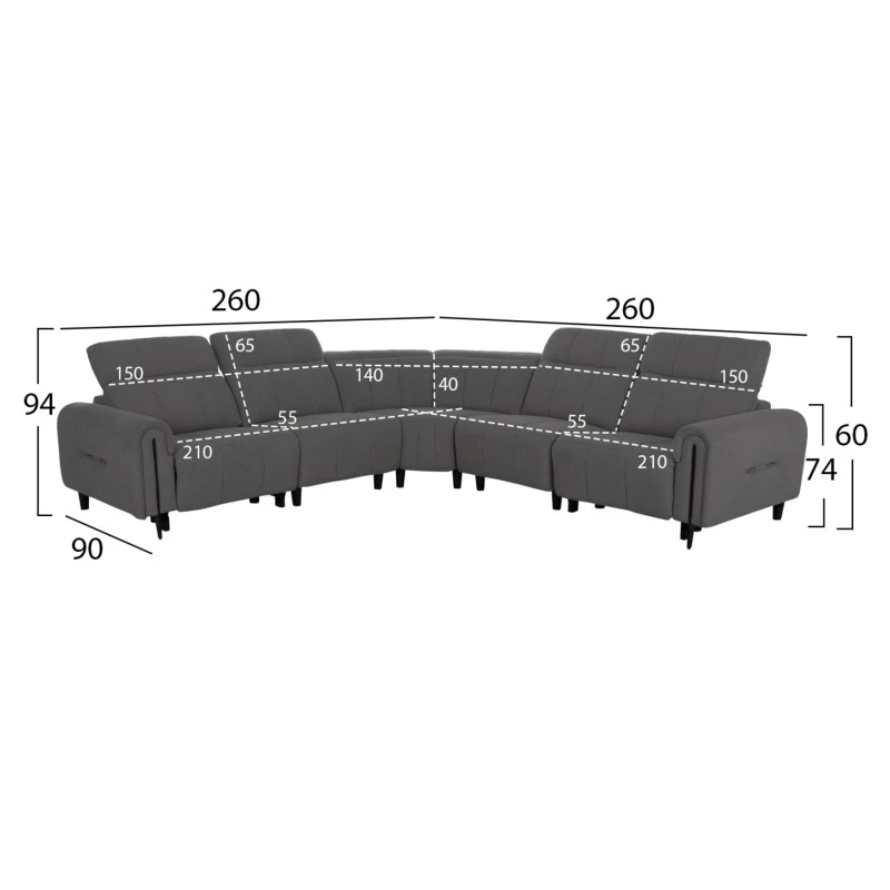 ΓΩΝΙΑΚΟΣ ΚΑΝΑΠΕΣ ΜΕ RECLINE ORACLE HM3290.01 ΓΚΡΙ ΥΦΑΣΜΑ 260x260x90(κάθισμα)x94Υεκ.