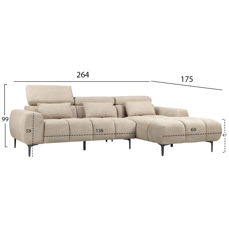 ΚΑΝΑΠΕΣ ΔΕΞΙΑ ΓΩΝΙΑ DIVYA HM3267.11R ΜΠΕΖ ΥΦΑΣΜΑ 260x100-174x104Υεκ.
