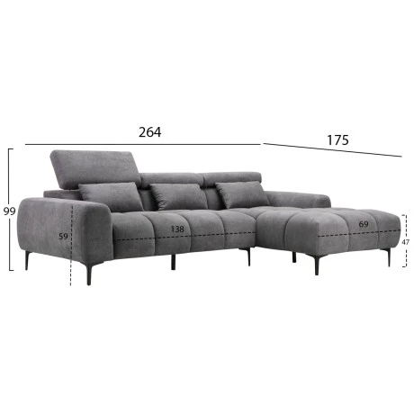 ΚΑΝΑΠΕΣ ΔΕΞΙΑ ΓΩΝΙΑ DIVYA HM3267.12R ΓΚΡΙ ΥΦΑΣΜΑ 260x100-174x104Υεκ.