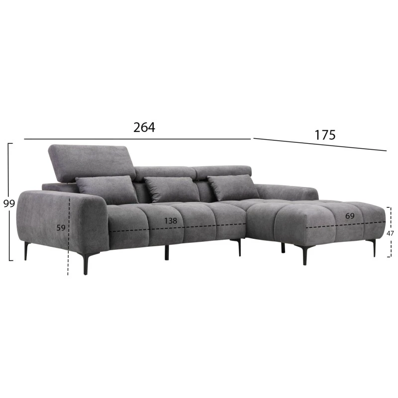 ΚΑΝΑΠΕΣ ΔΕΞΙΑ ΓΩΝΙΑ DIVYA HM3267.12R ΓΚΡΙ ΥΦΑΣΜΑ 260x100-174x104Υεκ.