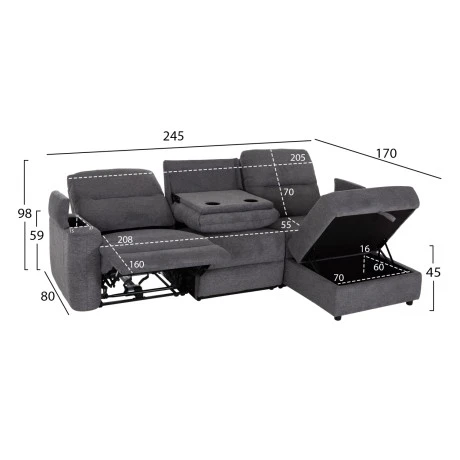 ΚΑΝΑΠΕΣ ΔΕΞΙΑ ΓΩΝΙΑ SYNTHIA HM3308.03R ΑΝΑΚΛΙΣΗ & ΑΠΟΘ.ΧΩΡΟΣ--ΓΚΡΙ 245x170x98Υεκ