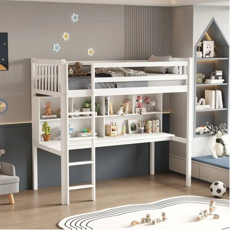 ΠΑΙΔΙΚH KOYKETA τ.MONTESSORI ΜΕ ΓΡΑΦΕΙΟ & ΒΙΒΛΙΟΘΗΚΗ LIBRO HM708.03 ΞΥΛΟ ΠΕΥΚΟΥ ΛΕΥΚΟ- 90x190εκ