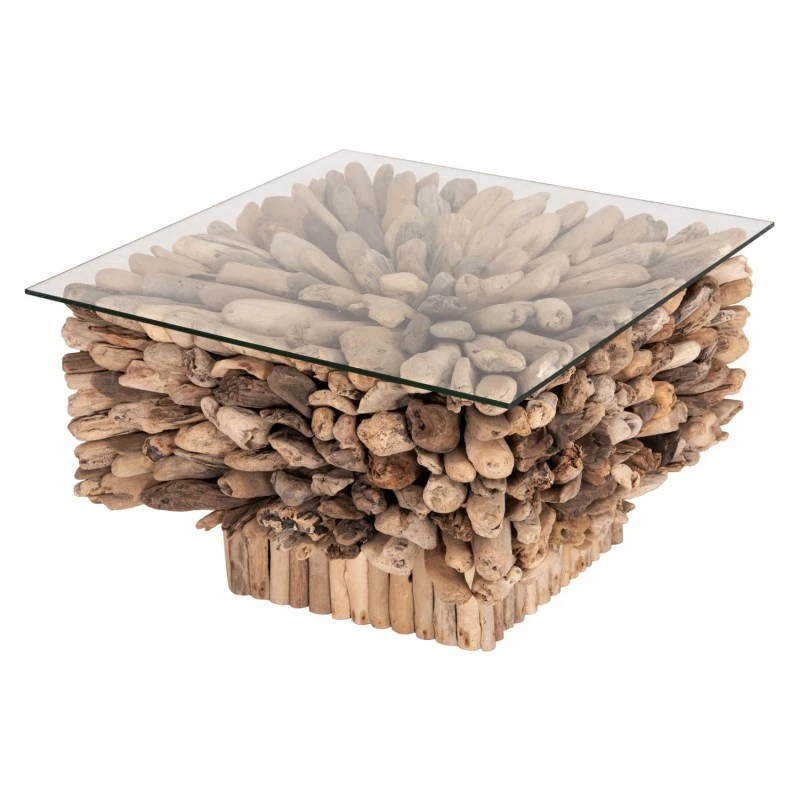 ΤΡΑΠΕΖΙ ΣΑΛΟΝΙΟΥ ΤΕΤΡΑΓΩΝΟ SPARROW HM9961 DRIFTWOOD--ΓΥΑΛΙ 75x75x51Υεκ.
