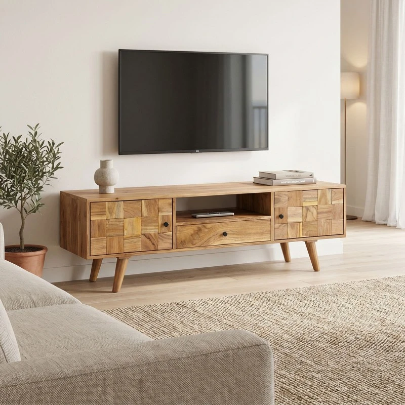 Tv stand Firpo pakoworld solid acacia wood in natural color 130x35x45cm