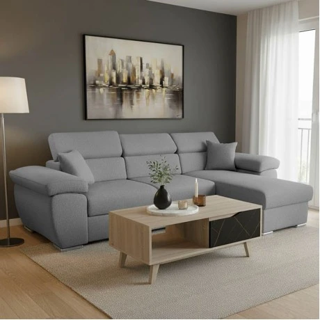 Corner sofa-bed reversible Comy pakoworld fabric gray 286x160x75-90cm