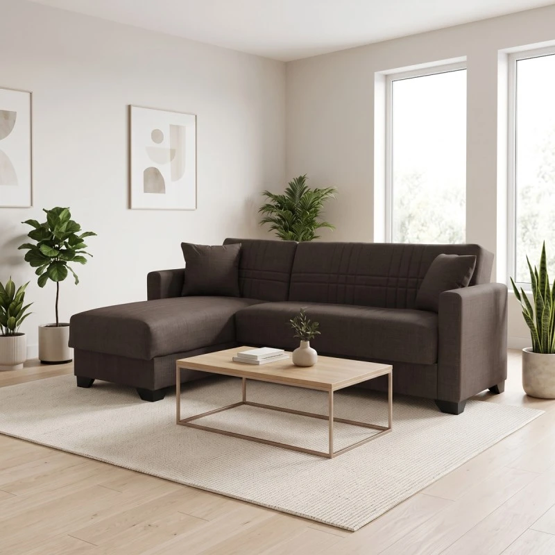 Corner sofa bed reversible with storage space Stashio pakoworld brown fabric 202x143x84cm