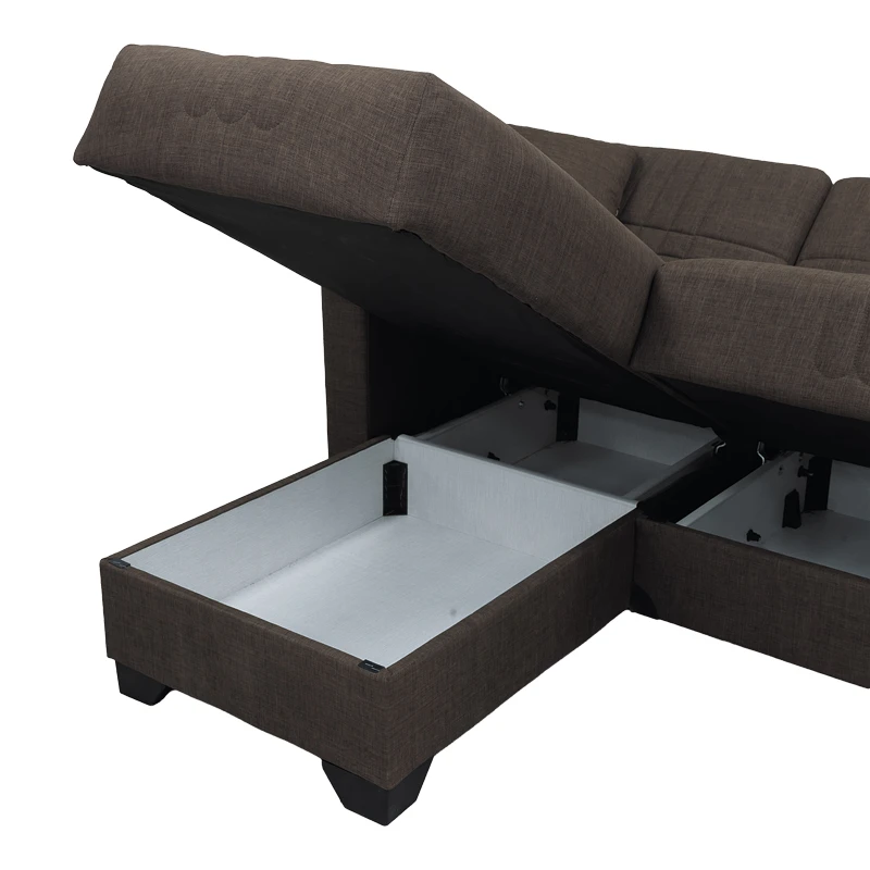Corner sofa bed reversible with storage space Stashio pakoworld brown fabric 202x143x84cm