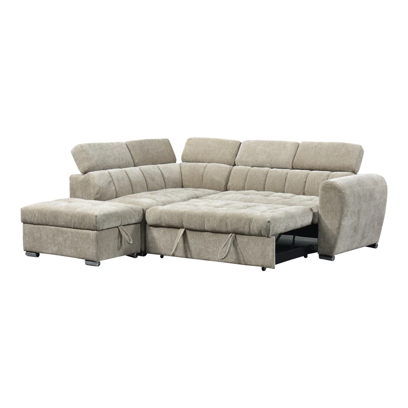 Corner sofa bed right corner Nuvora pakoworld with storage space beige fabric 244x225x79cm