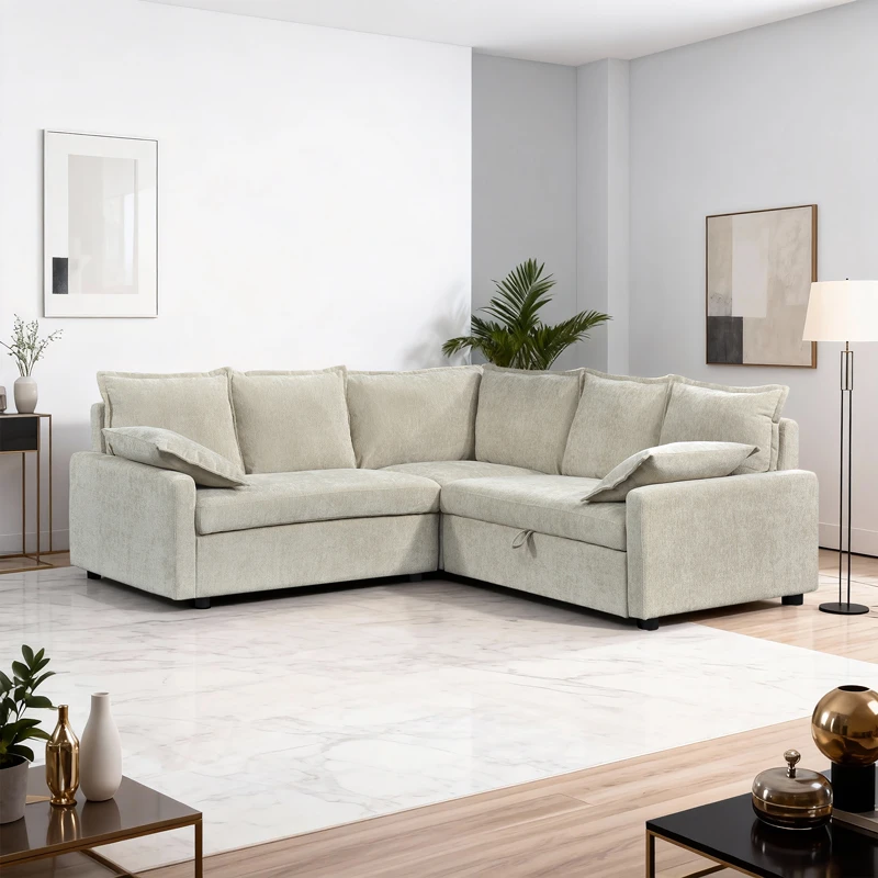 Γωνιακός καναπές κρεβάτι Lounivo pakoworld ύφασμα μπεζ 215x215x84εκ
