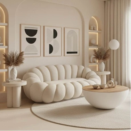Sofa Embrace pakoworld boucle fabric in beige shade 180x105x65cm