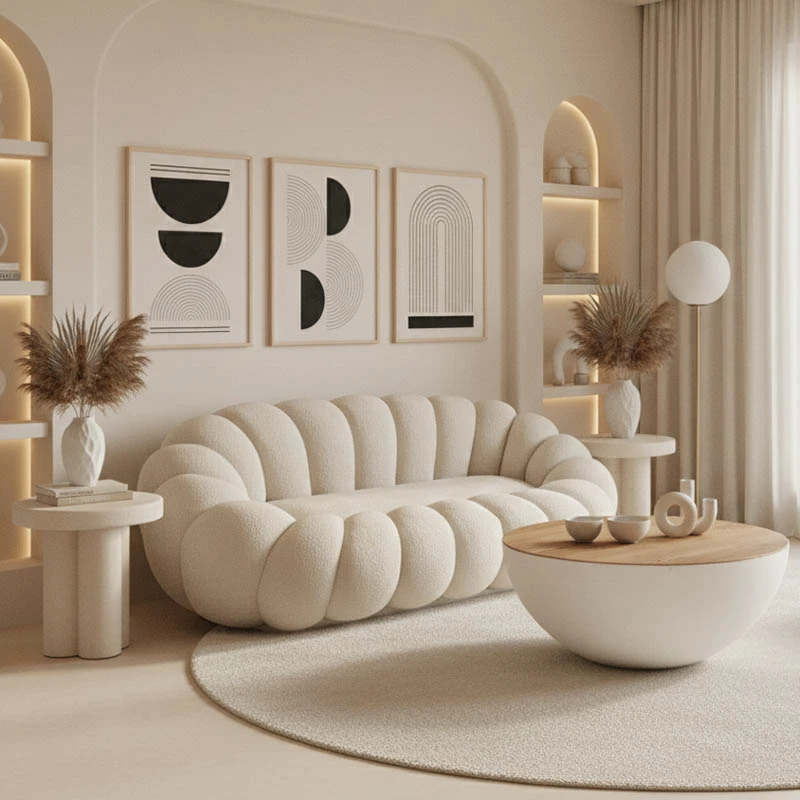 Sofa Embrace pakoworld boucle fabric in beige shade 180x105x65cm