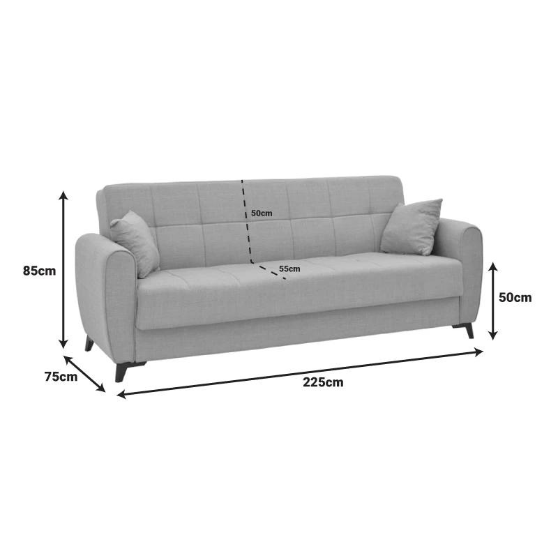 Lincoln three-seater sofa-bed with storage space pakoworld light gray fabric 225x75x85cm