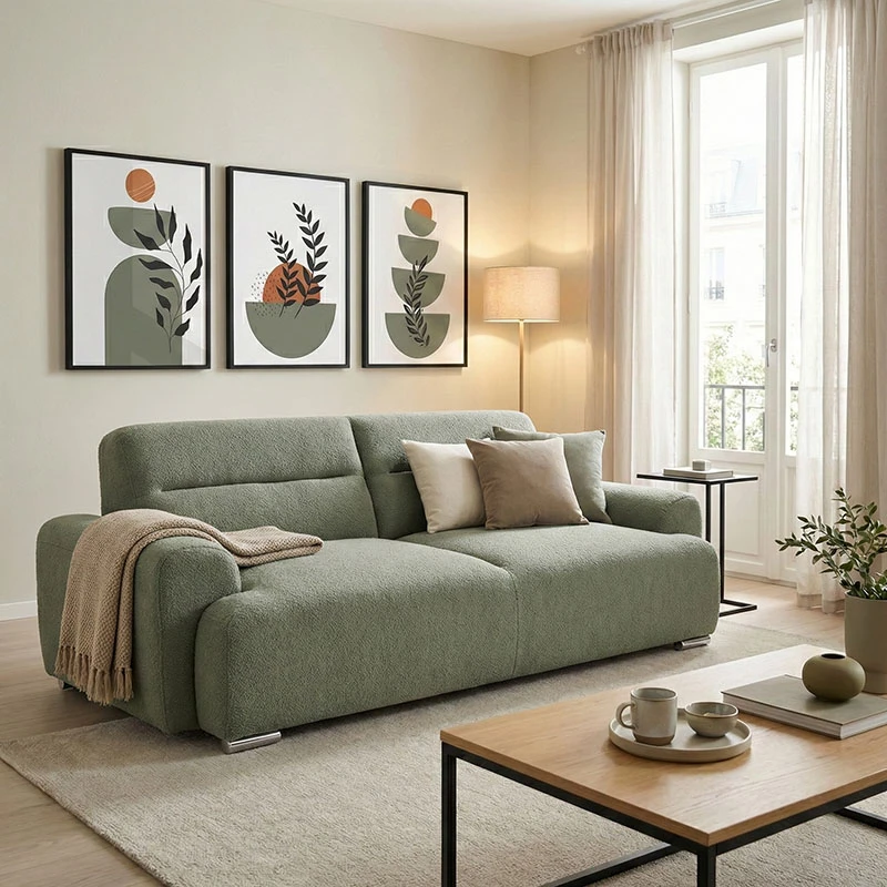 Three-seater sofa Harmonious pakoworld boucle olive green 223.5x92x81cm