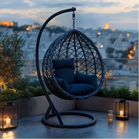 Κούνια φωλιά με βάση Lyere pakoworld μέταλλο ανθρακί pe rattan σε γκρι απόχρωση 120x108x195εκ