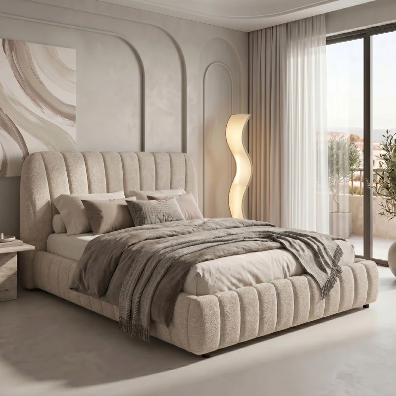 Double bed Leblank pakoworld beige fabric with storage space 160x200cm