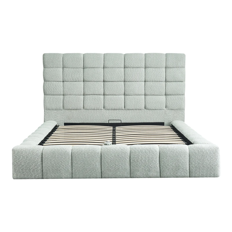 Double bed Pernant pakoworld with storage space light grey boucle fabric 160x200cm