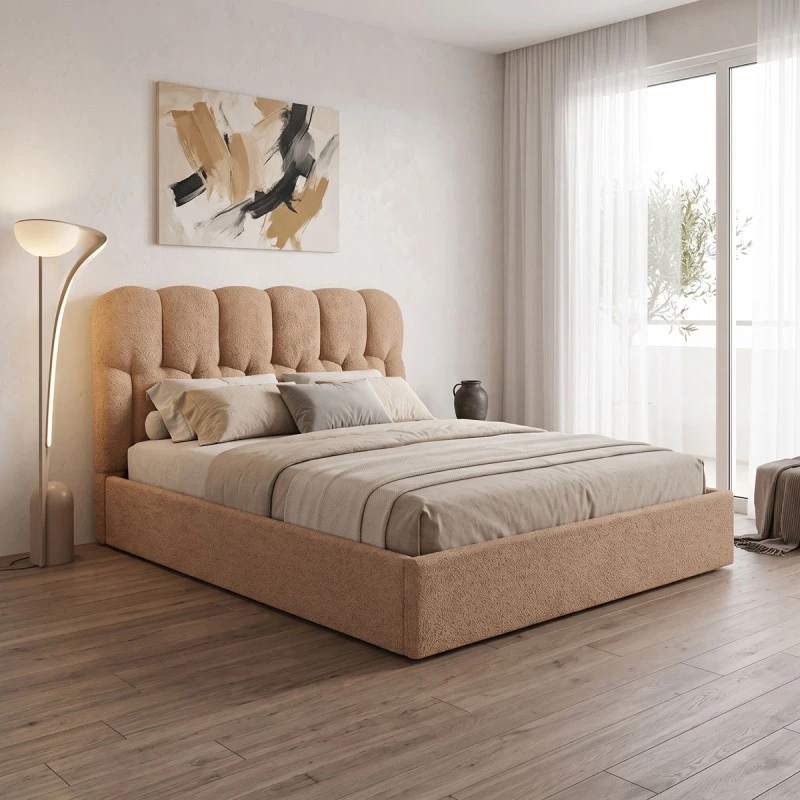 Double bed Sectra pakoworld with storage space terracotta boucle fabric 160x200cm