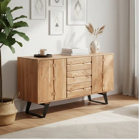 Buffet Leontina pakoworld solid acacia wood in natural color and black metal leg 150x45x86cm