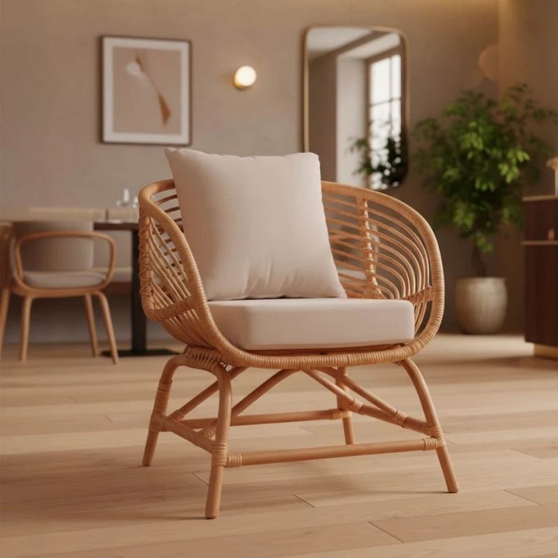 Πολυθρόνα Caxen pakoworld φυσικό rattan-λευκό μαξιλάρι 72x63x75εκ