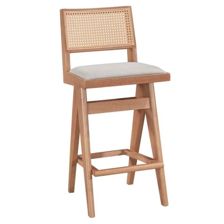 Bar stool Winslow pakoworld wood rubberwood light walnut-pvc rattan natural-fabric gray 44.5x46x98cm