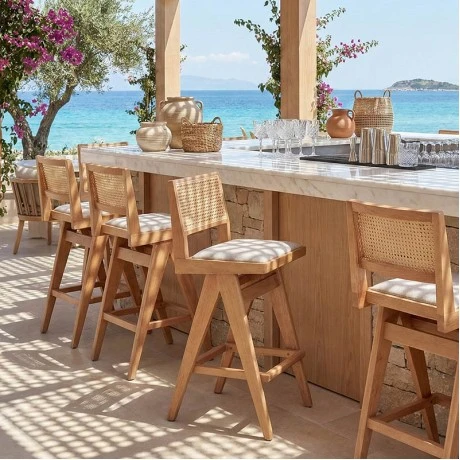 Bar stool Winslow pakoworld wood rubberwood light walnut-pvc rattan natural-fabric gray 44.5x46x98cm