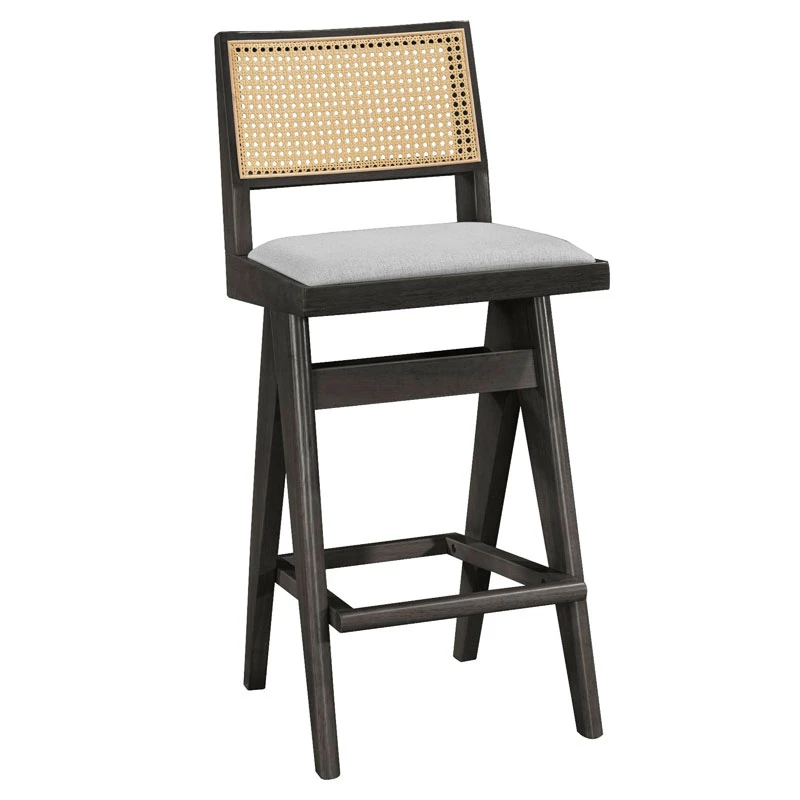 Bar stool Winslow pakoworld wood rubberwood black-pvc rattan natural-fabric gray