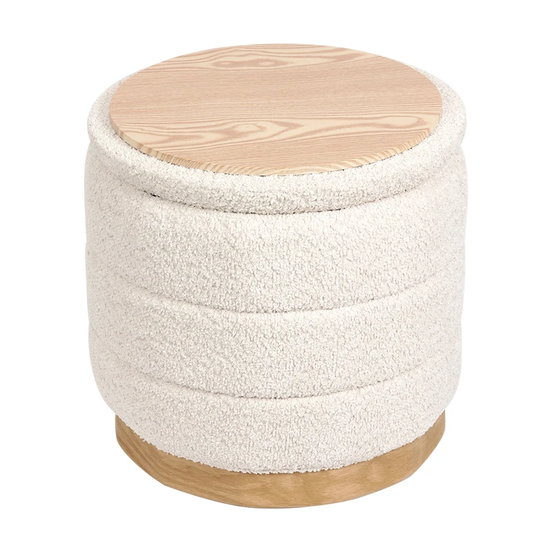 Stool-trunk Pelen pakoworld white teddy fabric with natural color mdf base D39x37cm
