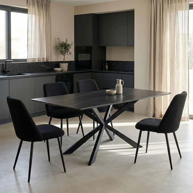 Mattias table pakoworld black marble sintered stone with black metal legs 180x90x75cm