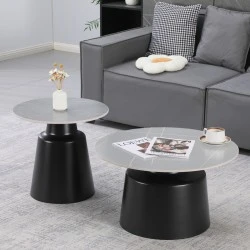 Coffee tables Dualis pakoworld set of 2 pieces black metal-sintered stone in grey marble look color