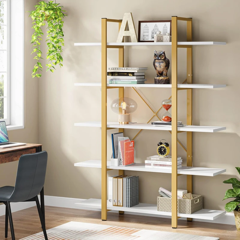 Esthon pakoworld bookcase in white marble finish with gold metal 120x28x180cm