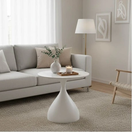 Side table Kirkene Inart white marble color sintered stone and white metal D50x50cm
